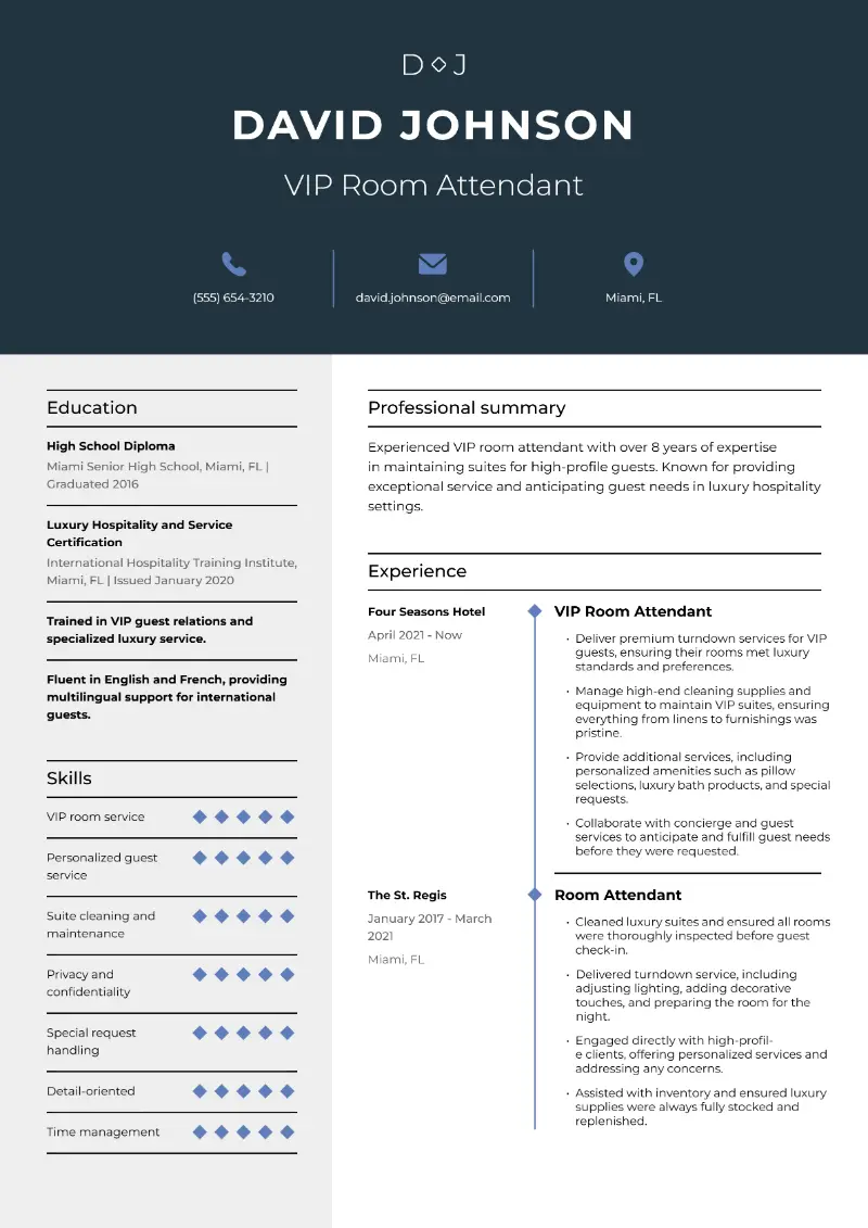 VIP Room Attendant Resume