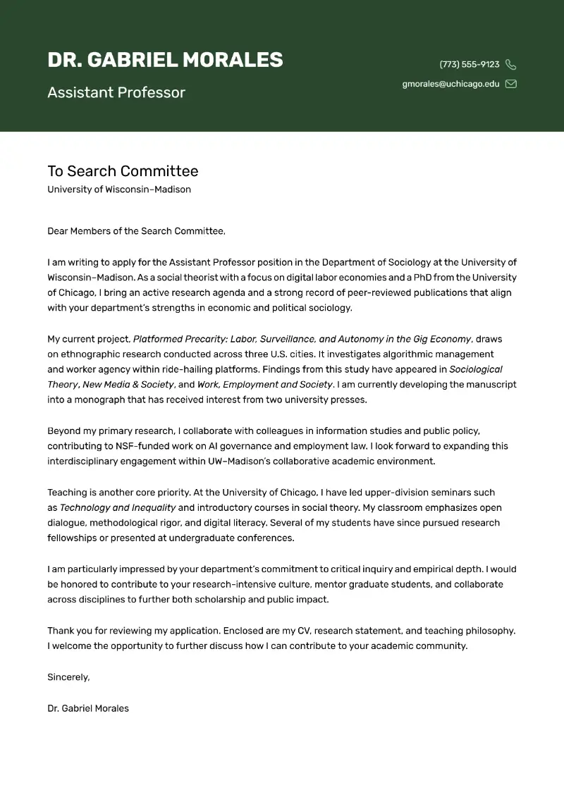 Assistant Professor Cover Letter