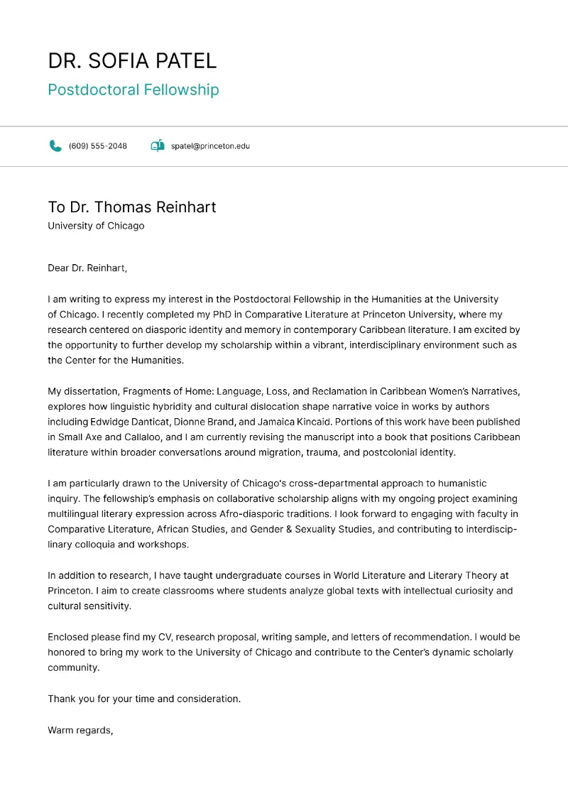 Postdoctoral Fellowship Cover Letter