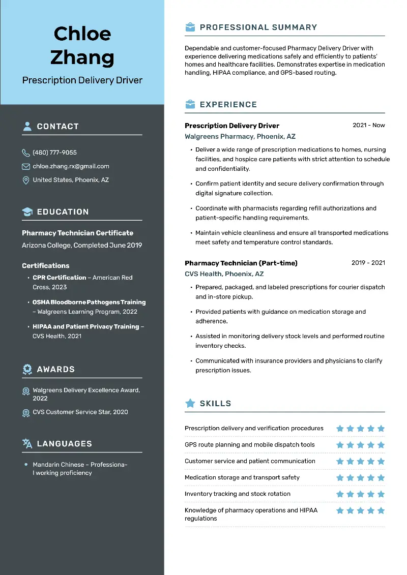 Prescription Delivery Driver Resume