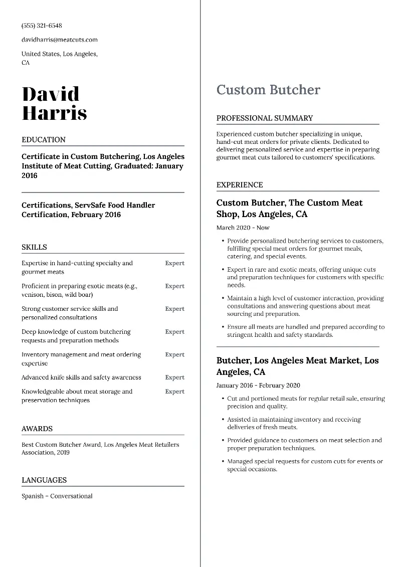 Custom Butcher Resume