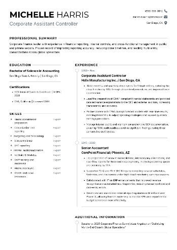 Corporate Assistant Controller CV Example