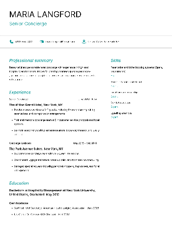 Senior Concierge CV Sample