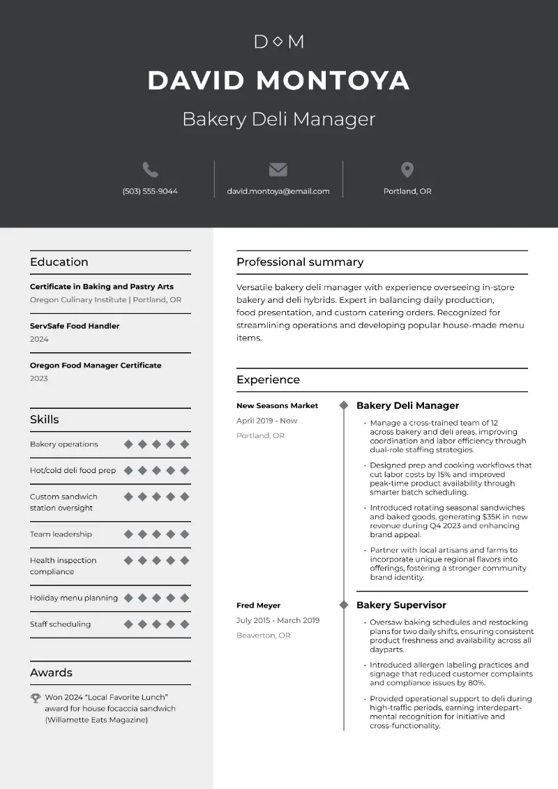 Bakery Deli Manager Resume