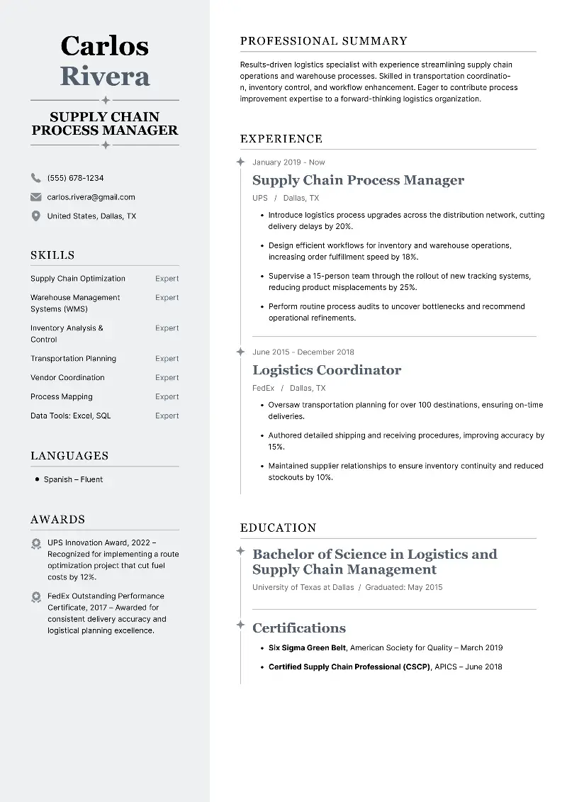 Supply Chain Process Manager Resume