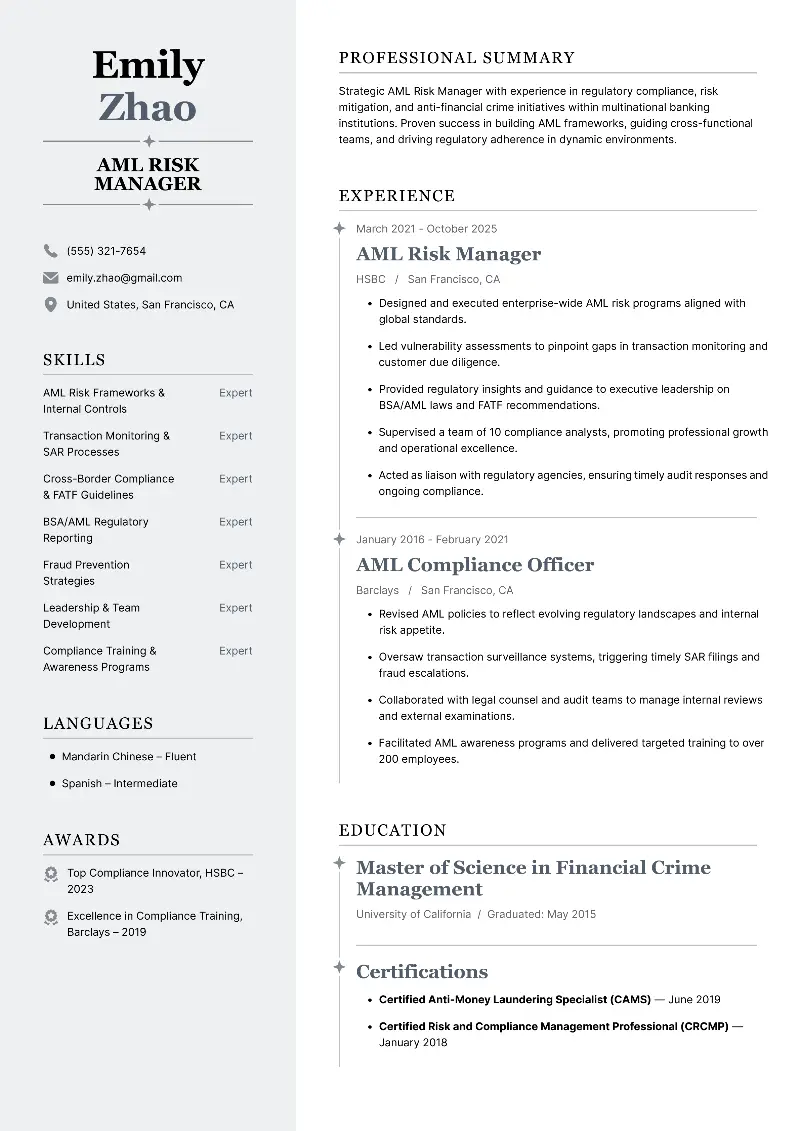 AML Risk Manager Resume
