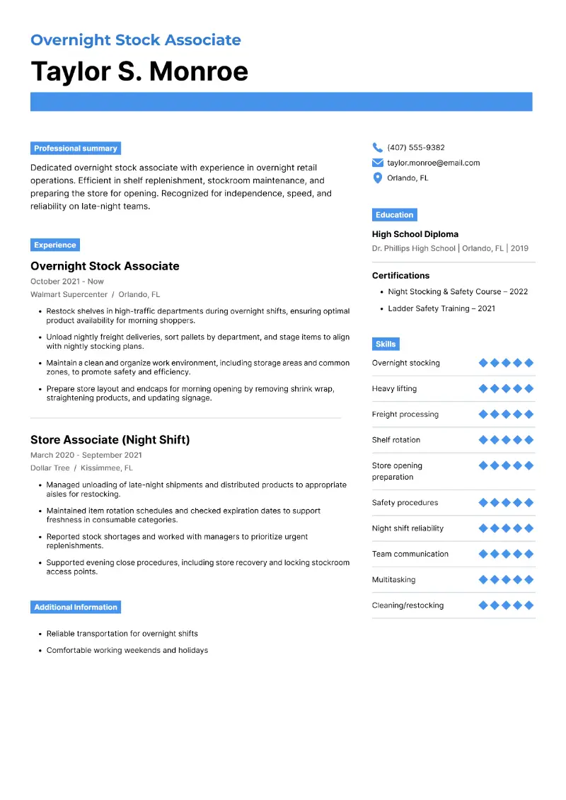 Overnight Stock Associate Resume