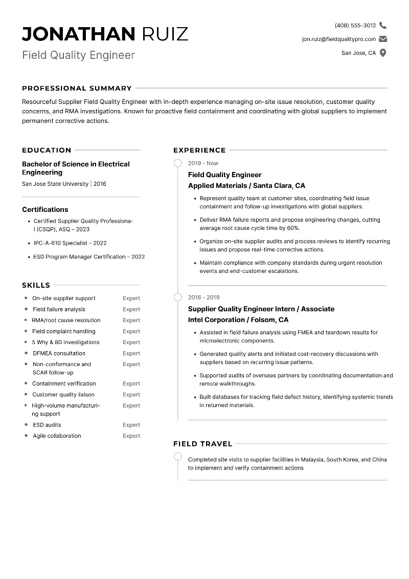 Field Quality Engineer Resume