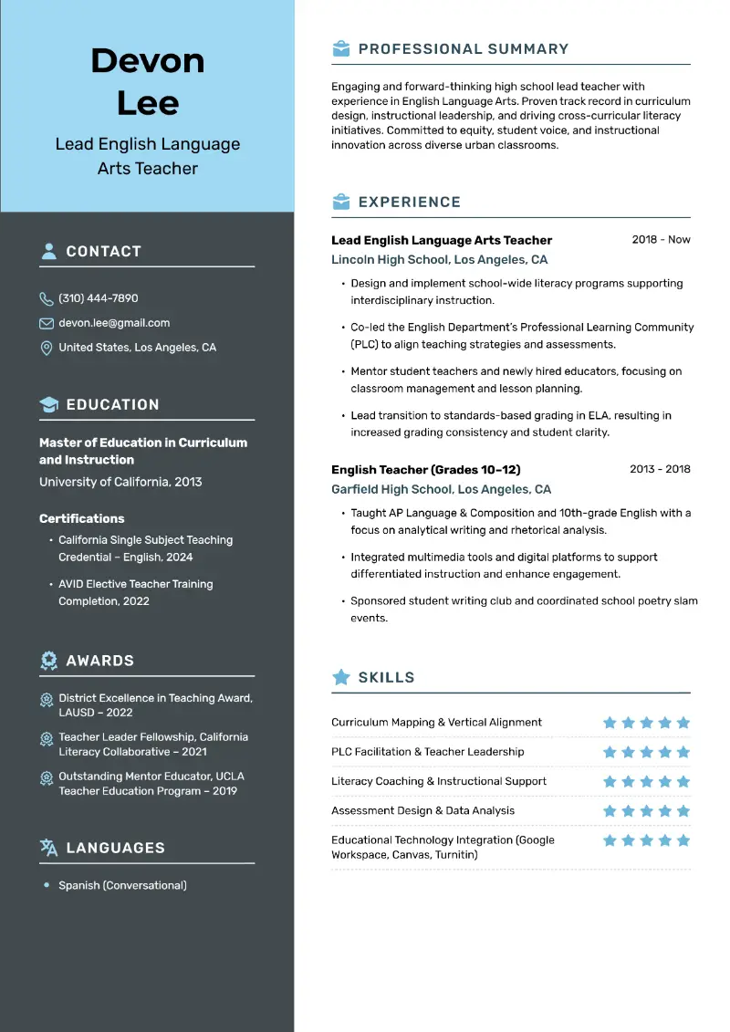 Lead English Language Arts Teacher Resume
