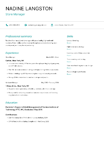 Store Manager Resume