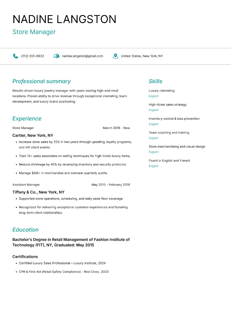 Jewelry Store Manager Resume Examples & Skills for 2026