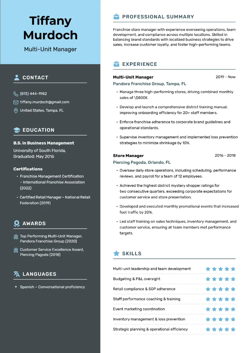 Multi-Unit Manager Resume