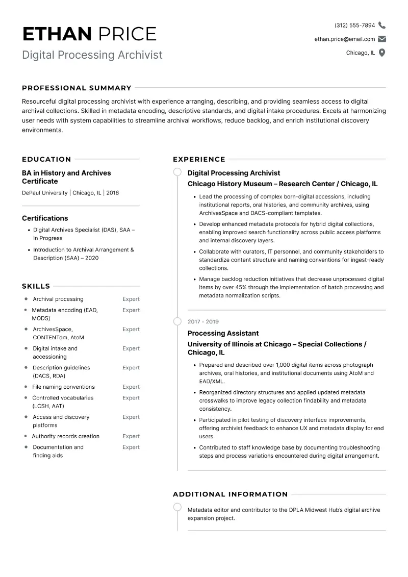 Digital Processing Archivist Resume