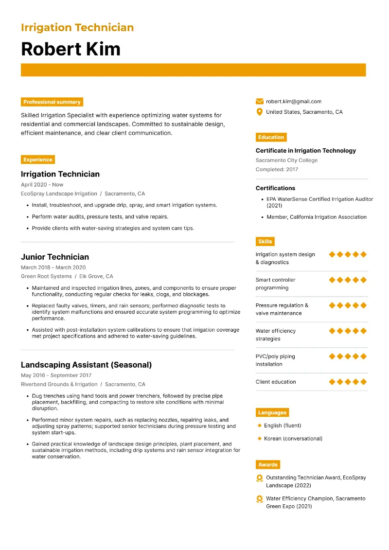 Irrigation Technician Resume
