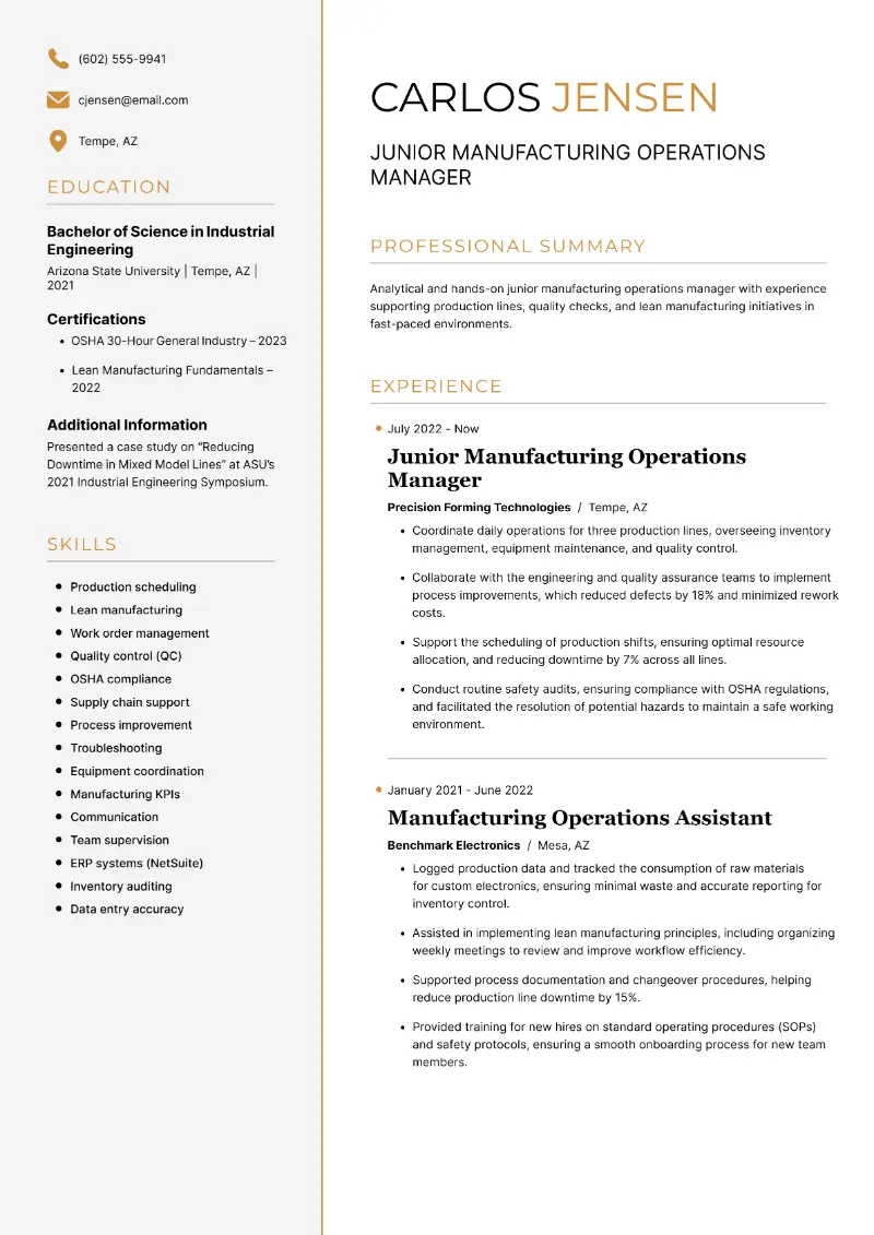 Junior Manufacturing Operations Manager Resume