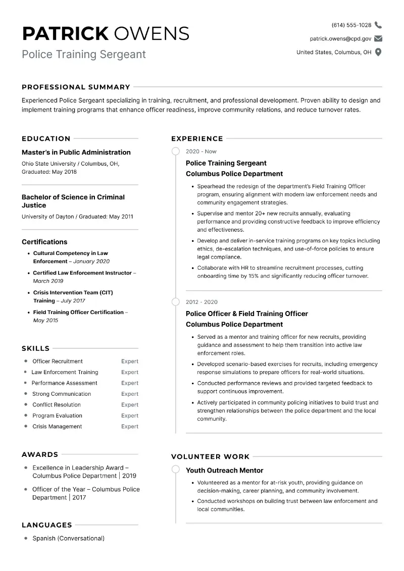 Police Training Sergeant Resume