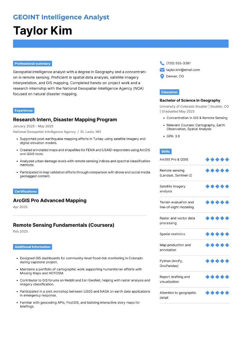 GEOINT Intelligence Analyst Resume