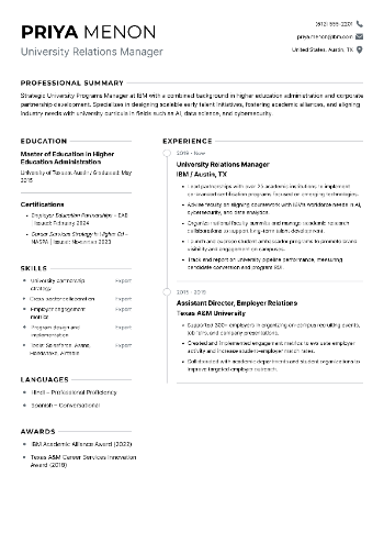 University Relations Manager Resume