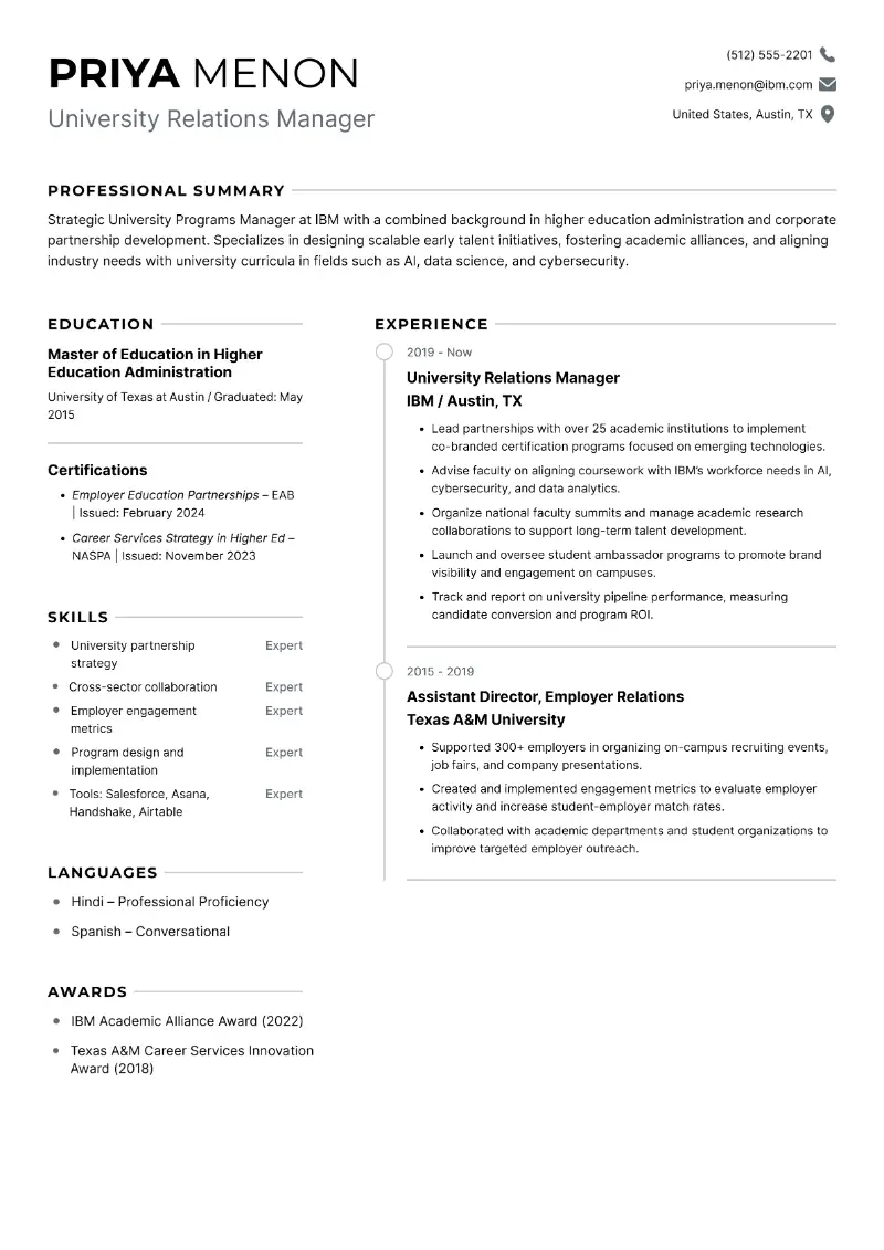 University Relations Manager Resume