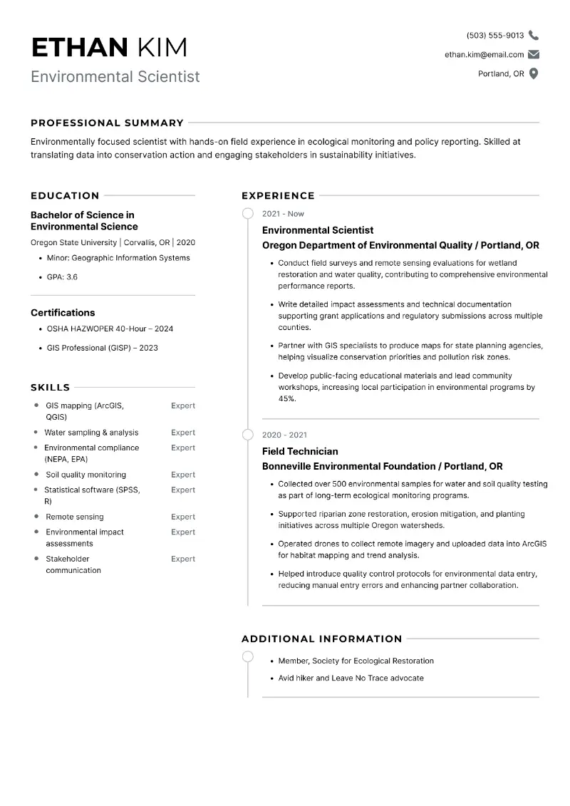 Environmental Scientist Resume