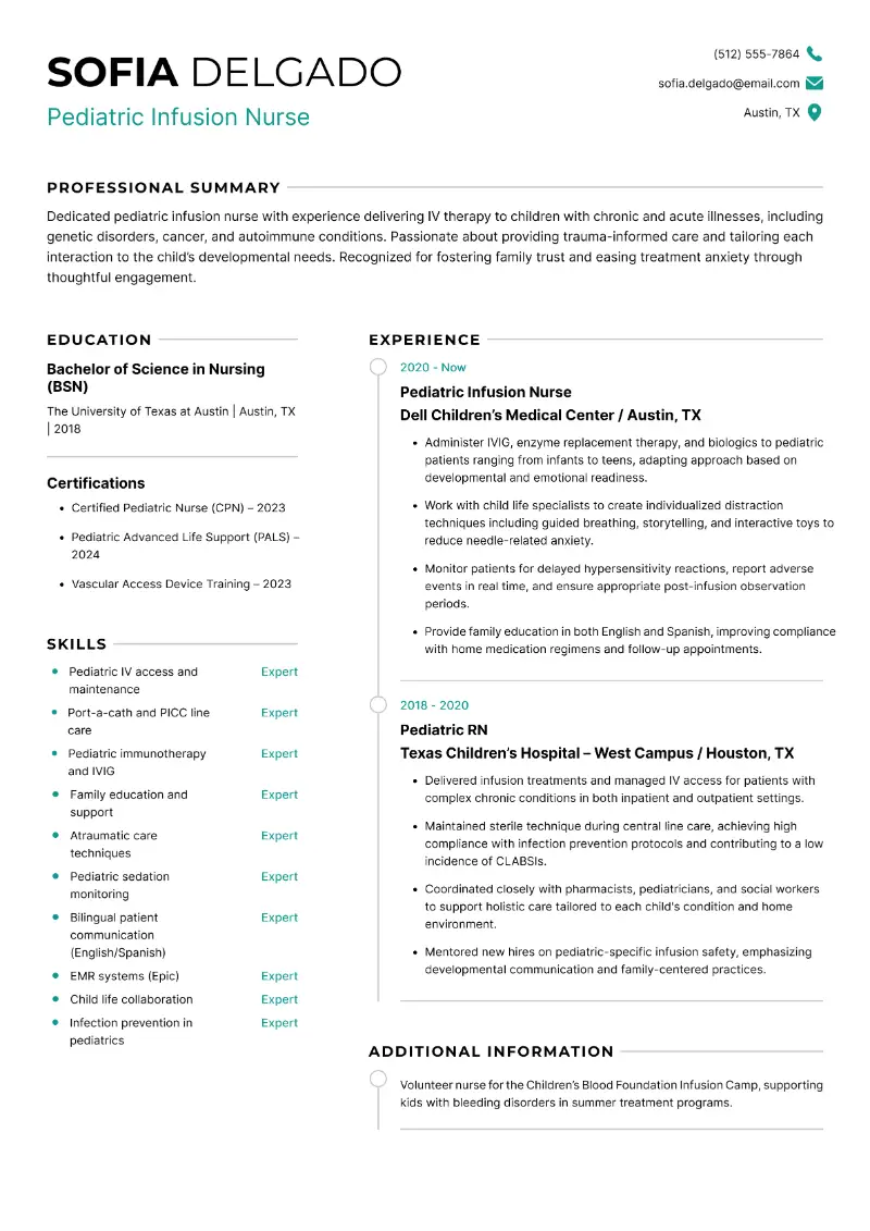 Pediatric Infusion Nurse Resume