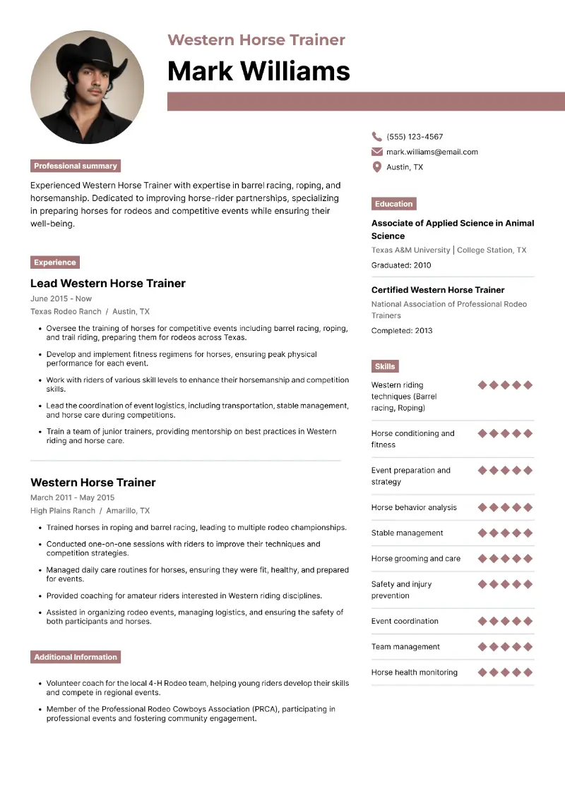 Western Horse Trainer Resume