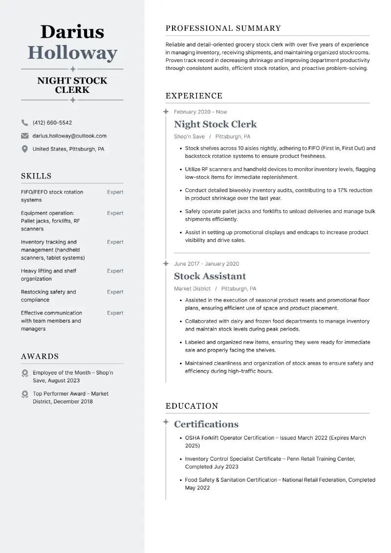 Night Stock Clerk Resume