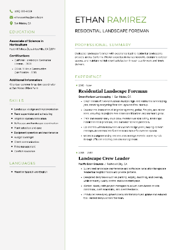 Residential Landscape Foreman CV Sample