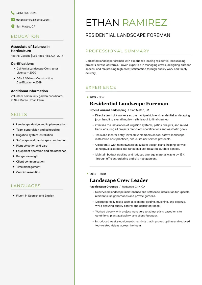 Residential Landscape Foreman Resume