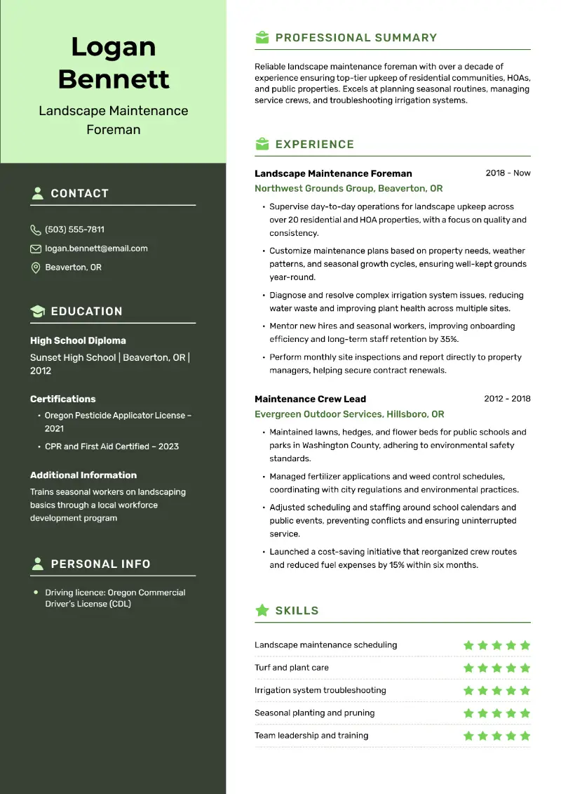 Landscape Maintenance Foreman Resume