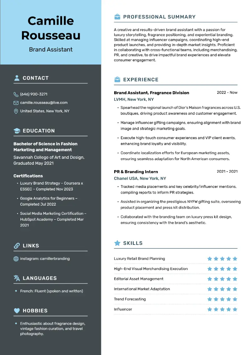 Brand Assistant Resume