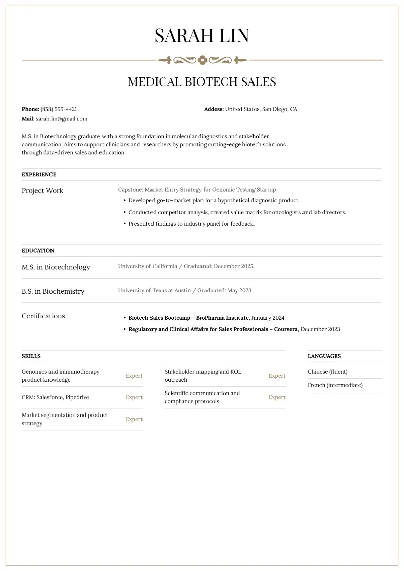 Medical Biotech Sales Resume