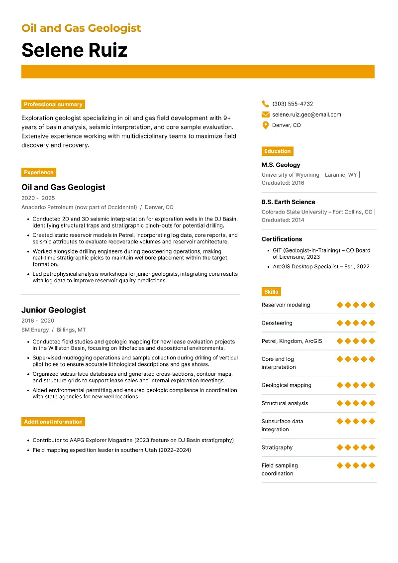 Oil and Gas Geologist Resume
