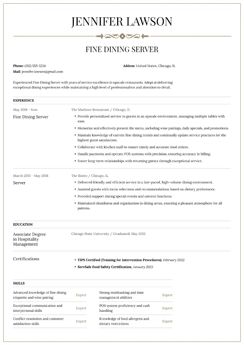 Top 5 Restaurant Server Resume Examples for 2026