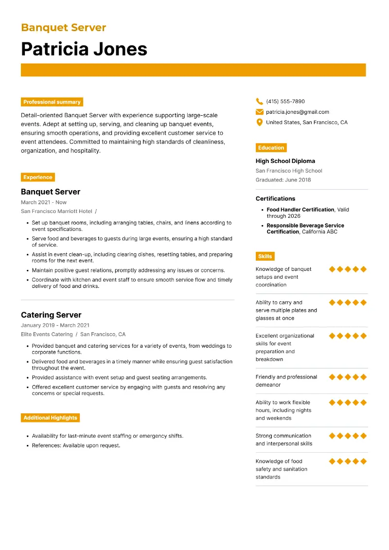 Banquet Server Resume