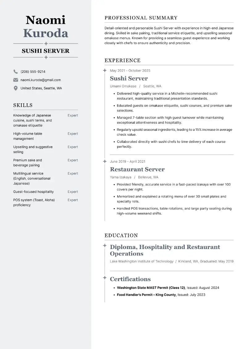 Sushi Server Resume