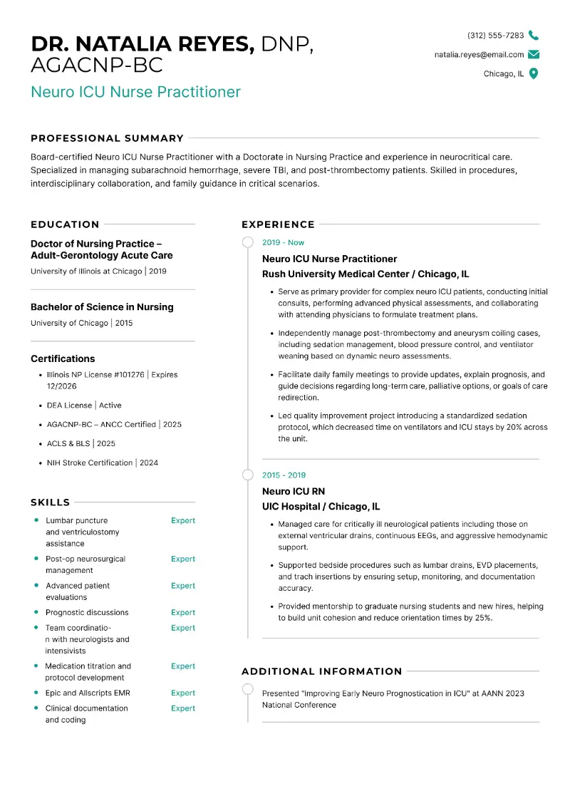 Neuro ICU Nurse Practitioner Resume