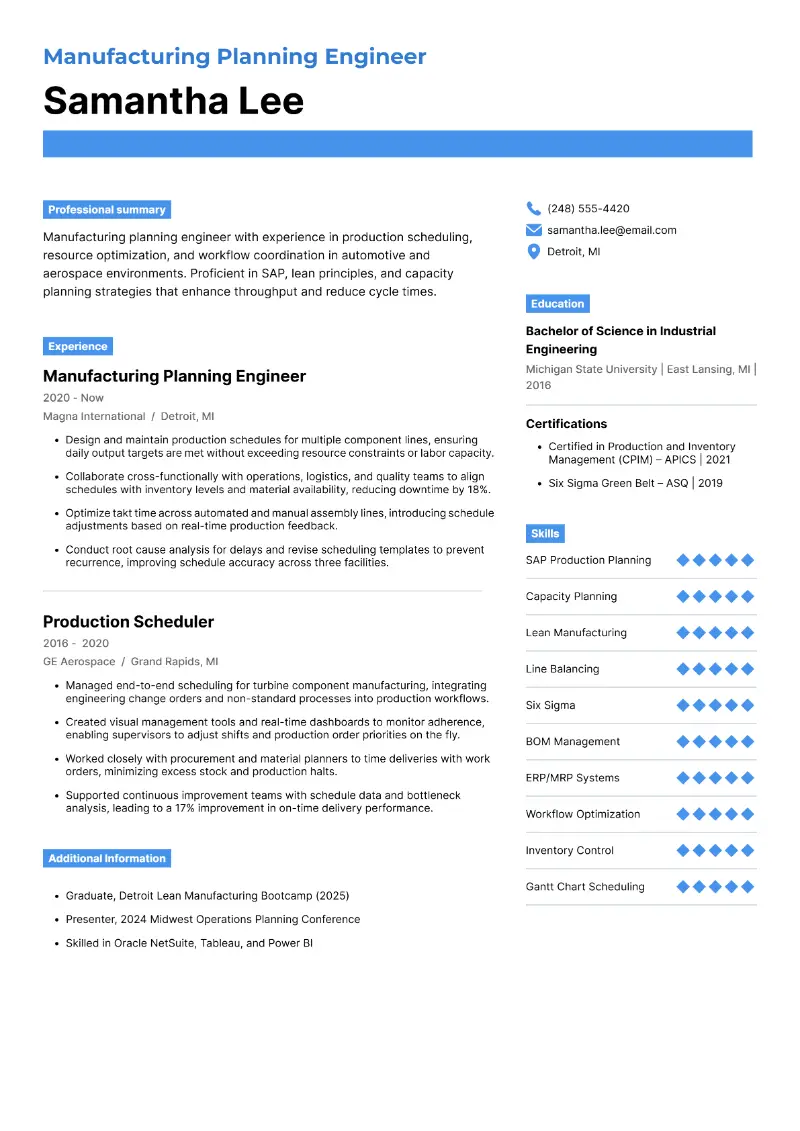 Manufacturing Planning Engineer Resume