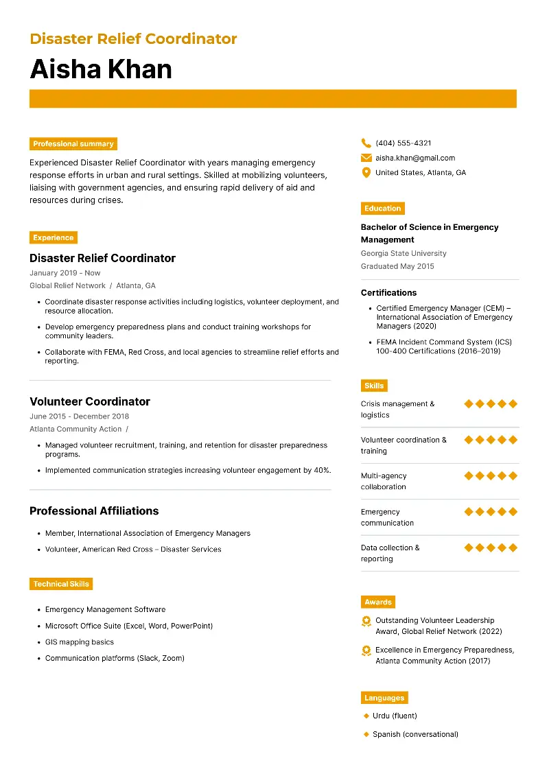 Disaster Relief Coordinator  Resume