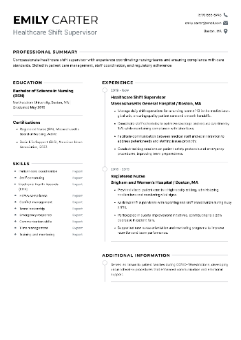 Healthcare Shift Supervisor Resume