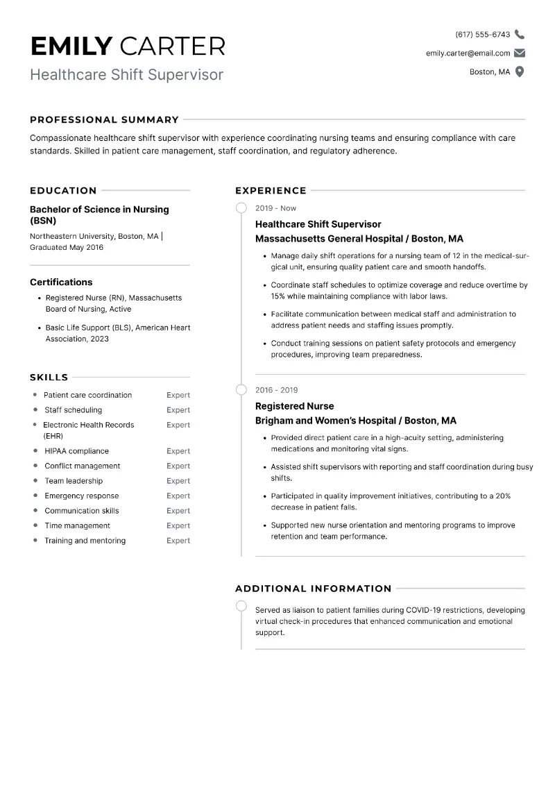 Healthcare Shift Supervisor Resume