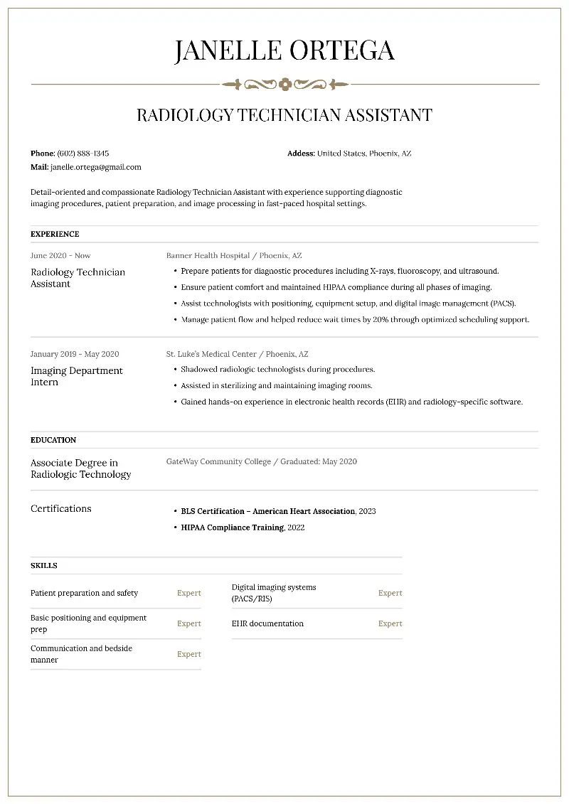 Radiology Technician Assistant Resume Examples for 2026