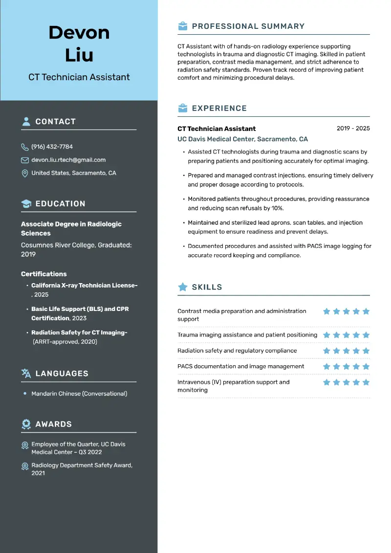 CT Technician Assistant Resume