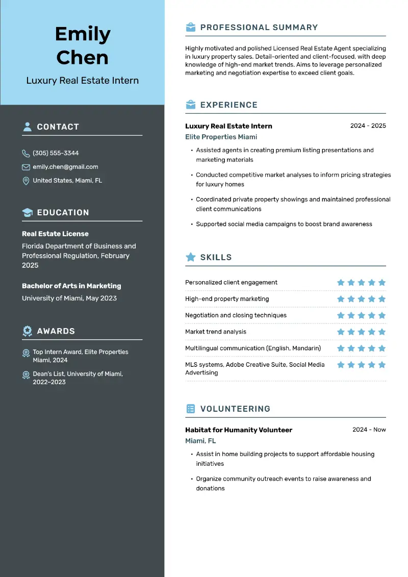 Luxury Real Estate Intern Resume