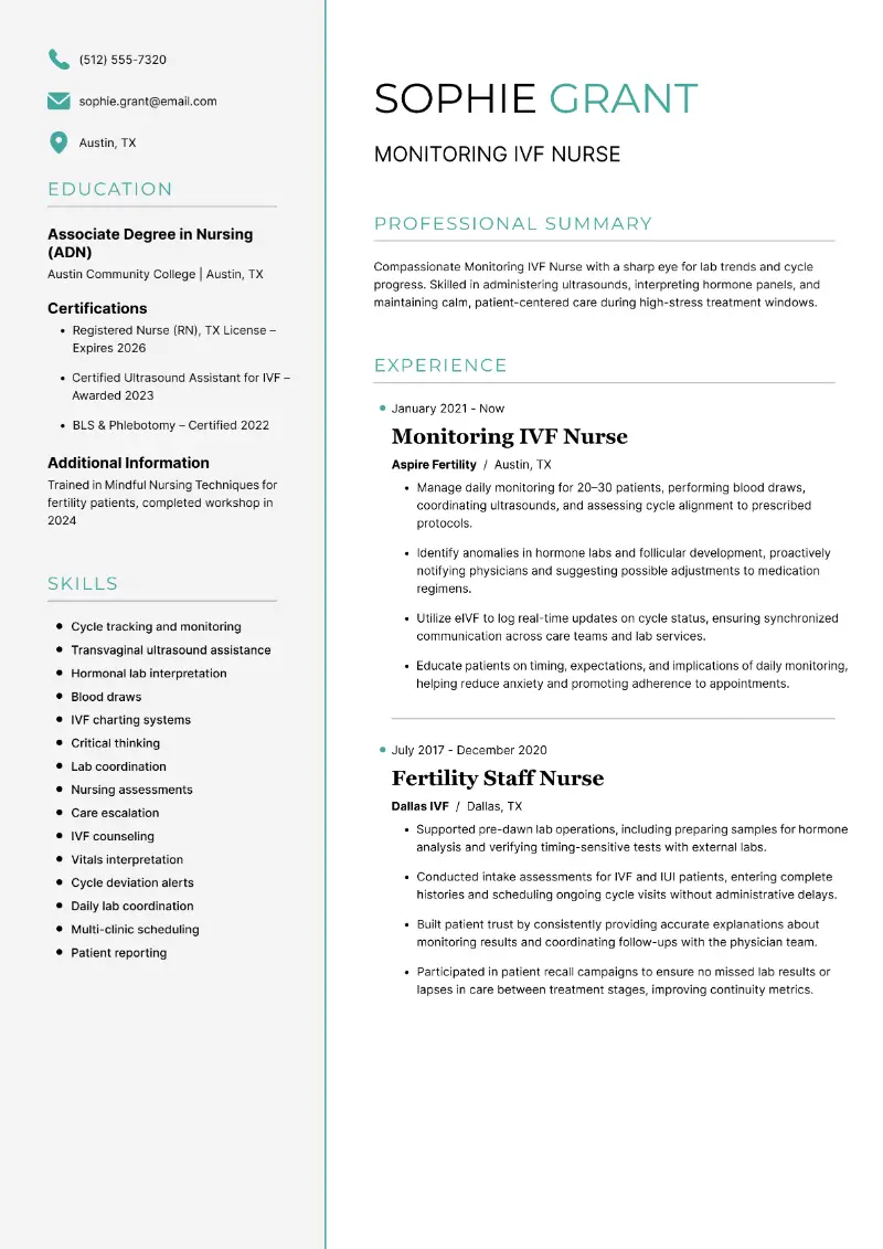 Monitoring IVF Nurse Resume