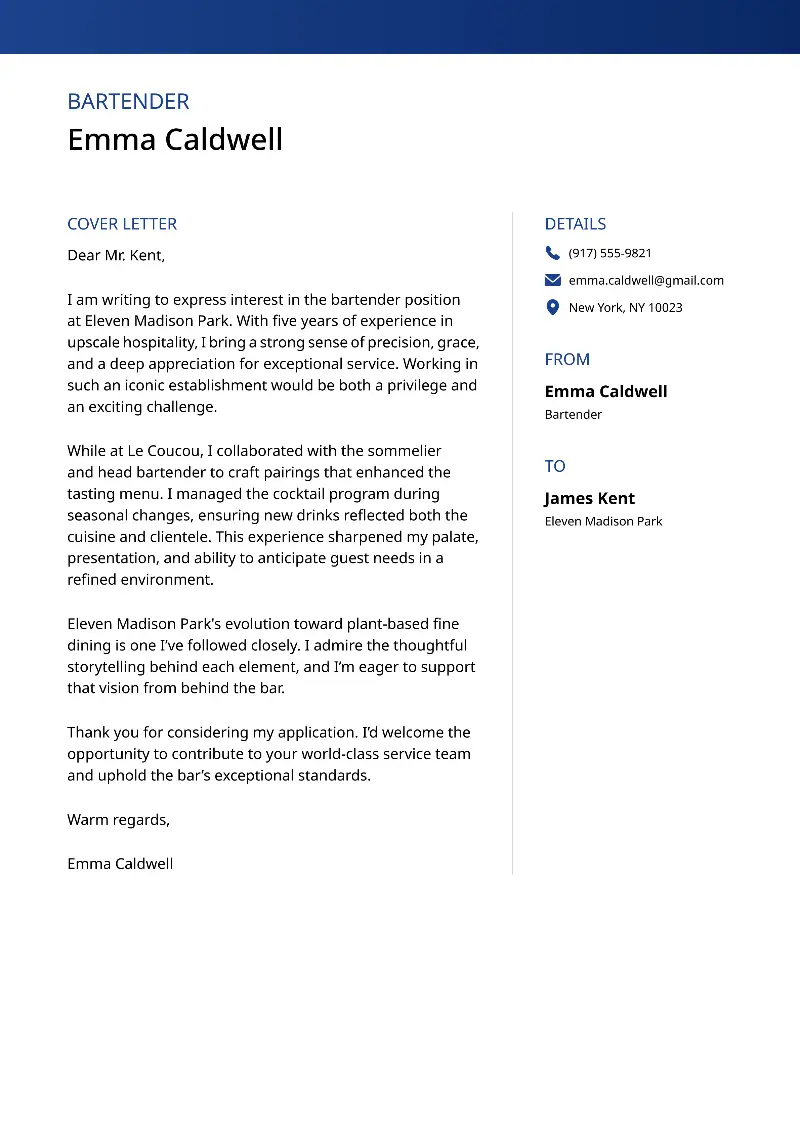 Bartender Cover Letter