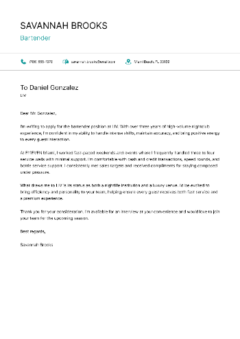 Bartender Cover Letter
