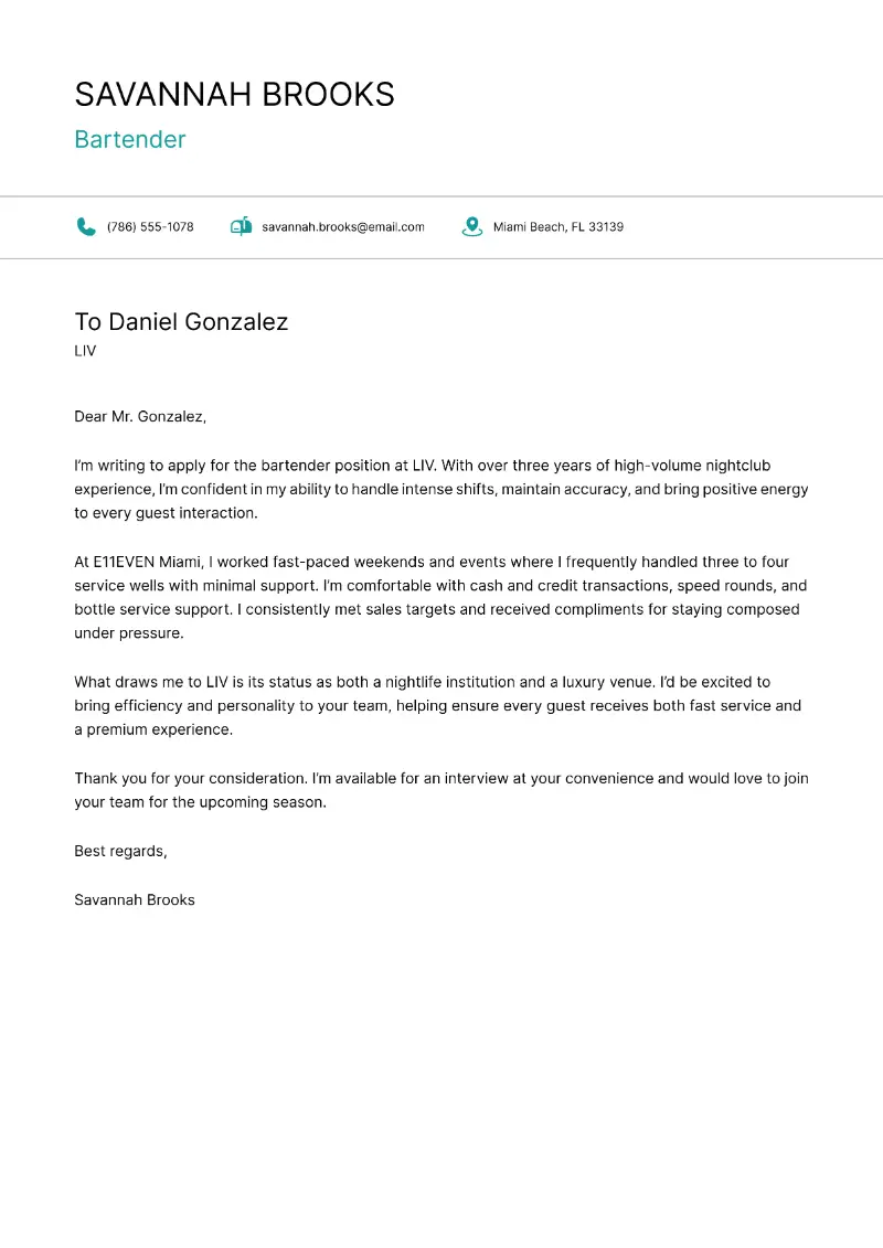 Bartender Cover Letter
