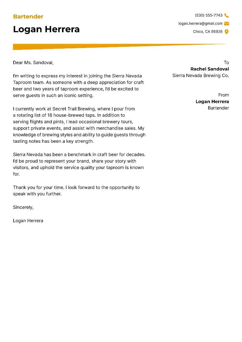 Bartender Cover Letter