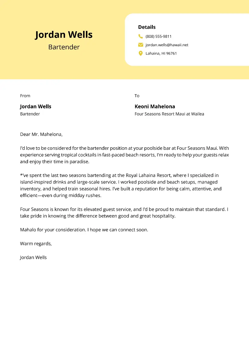 Bartender Cover Letter